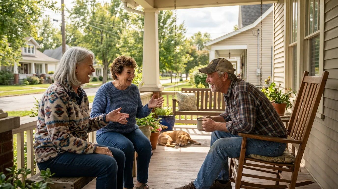 Three senior friends laughing together on the front porch of a charming small-town home.