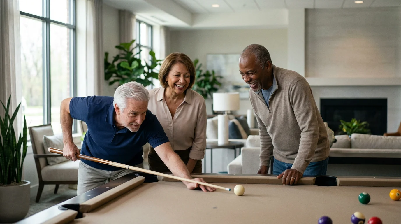 Three seniors enjoying a game of billiards in a bright, modern community recreation room.
