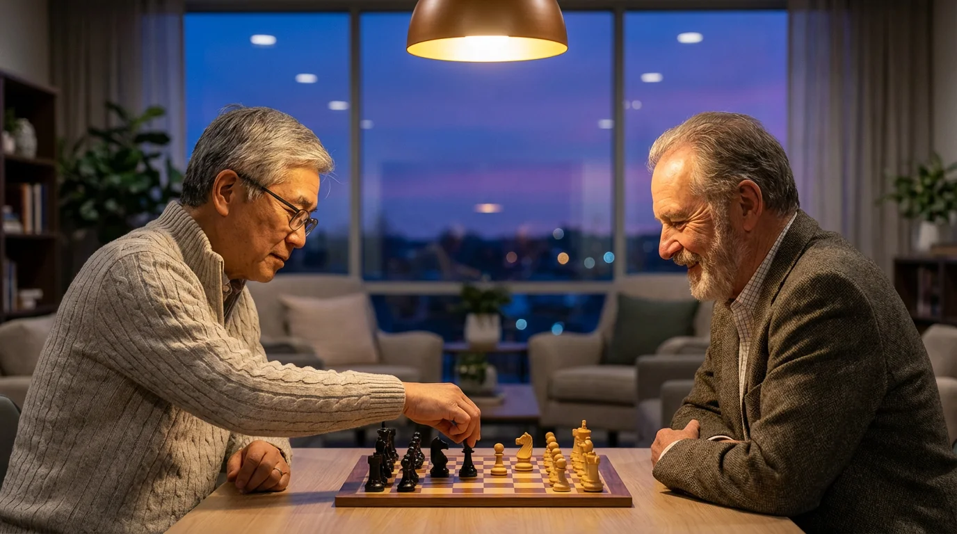 Two diverse senior men playing a thoughtful game of chess in a clubhouse at twilight.