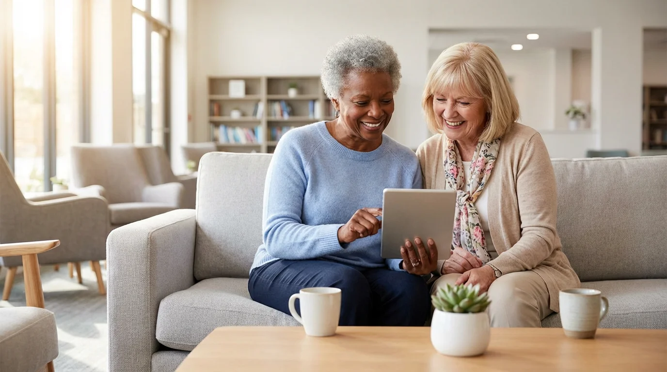 Two senior women smile while using a digital tablet together in a bright lounge.