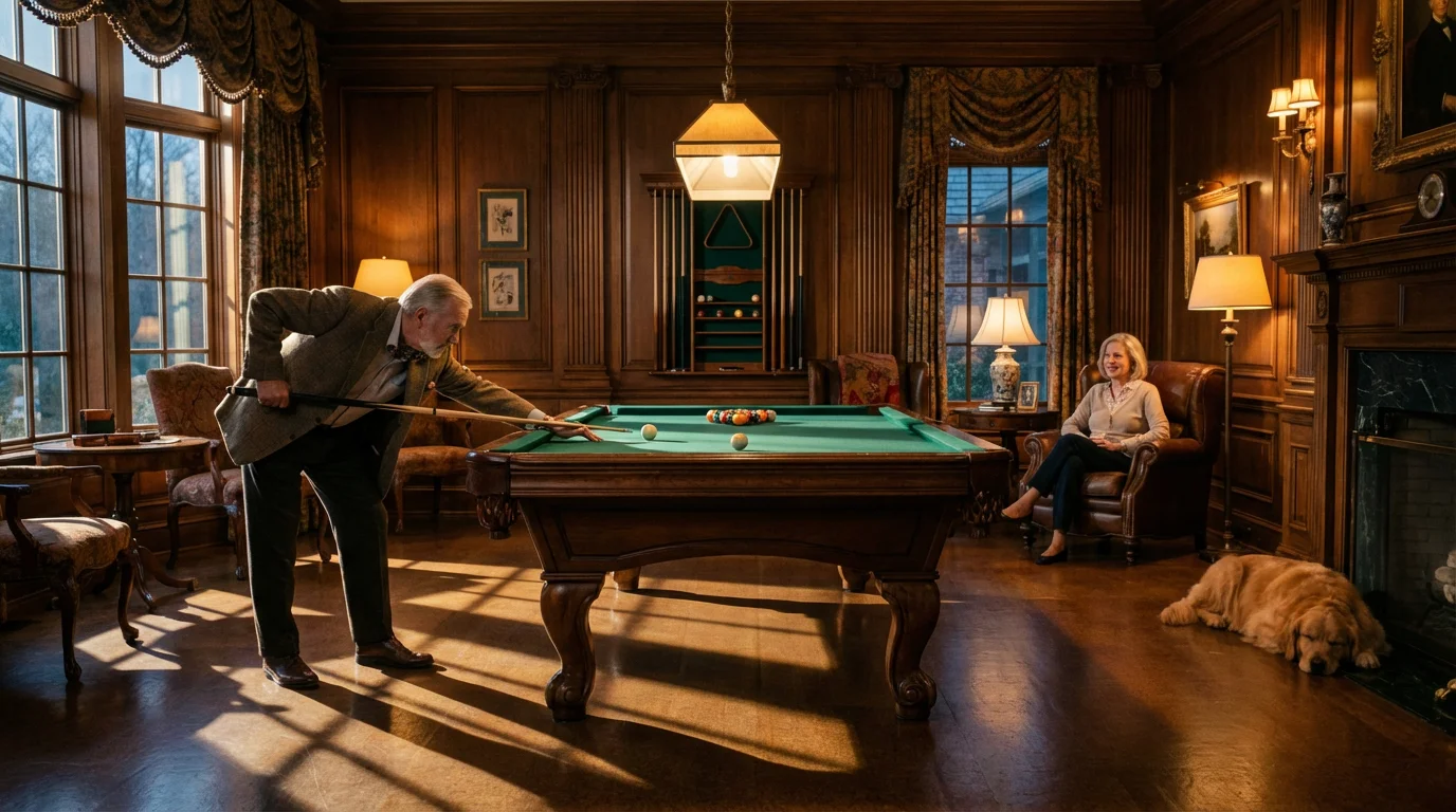 Two seniors enjoy a game of billiards in a luxurious, sunlit retirement community lounge.