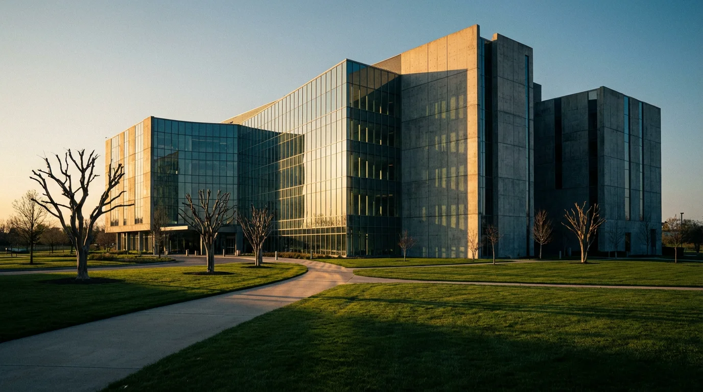 Wide environmental photograph of a modern hospital building during a moody, late afternoon.