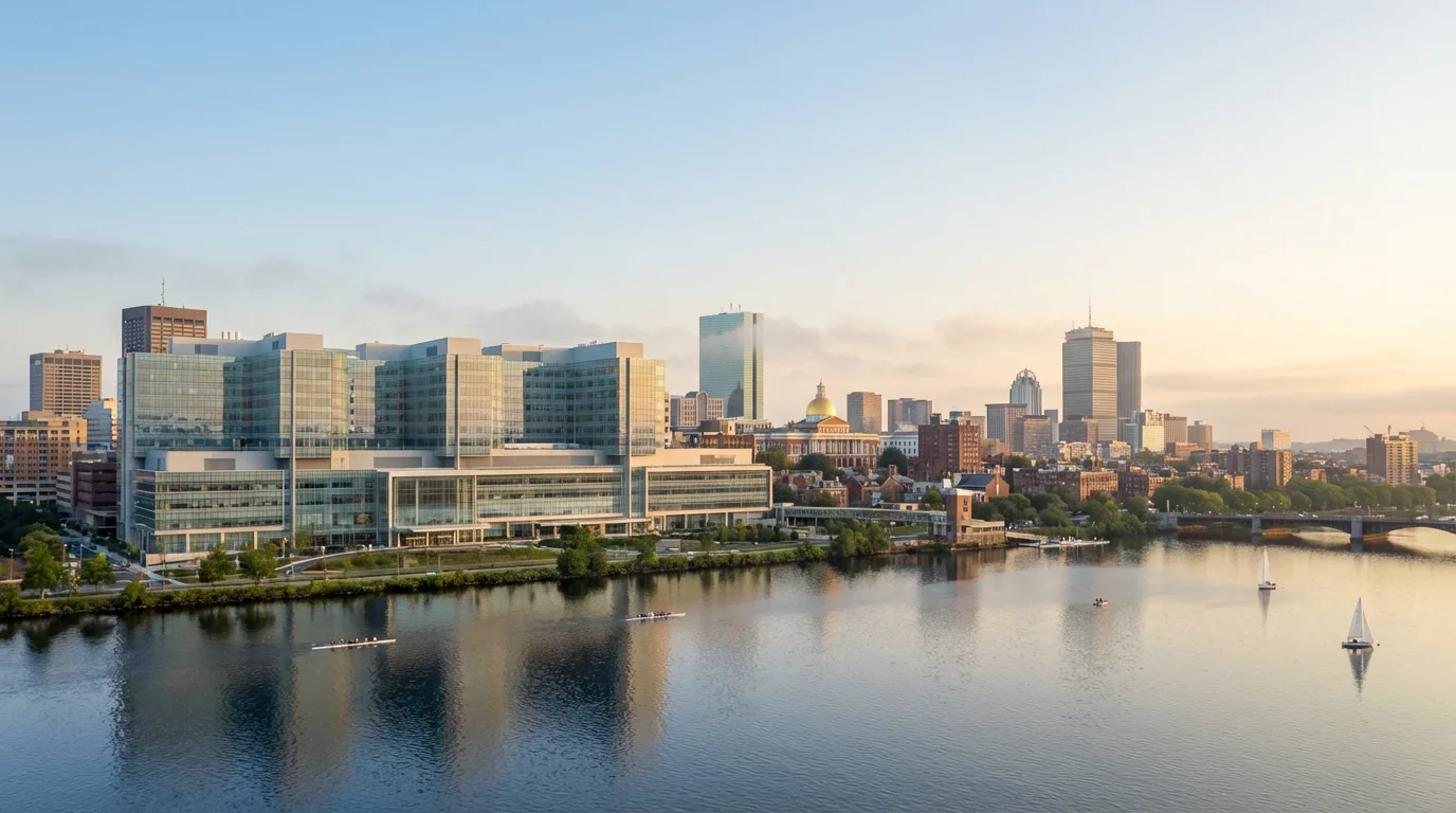 Wide environmental shot of Boston's skyline with a modern hospital along the river at sunrise.