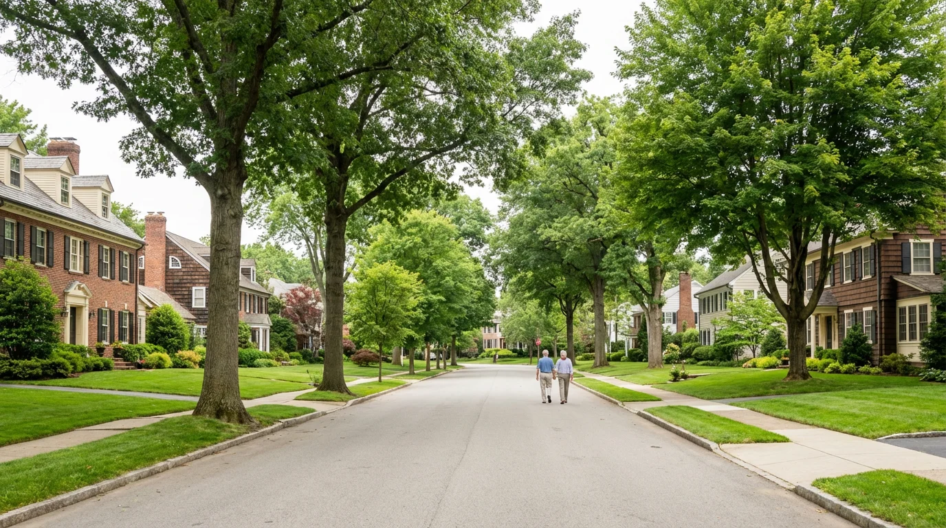 Wide shot of a clean, tree-lined suburban street with large traditional homes.