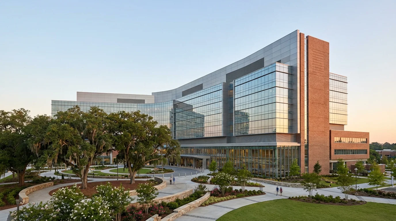 Wide shot of a modern hospital exterior in Georgia with landscaped grounds in morning light.