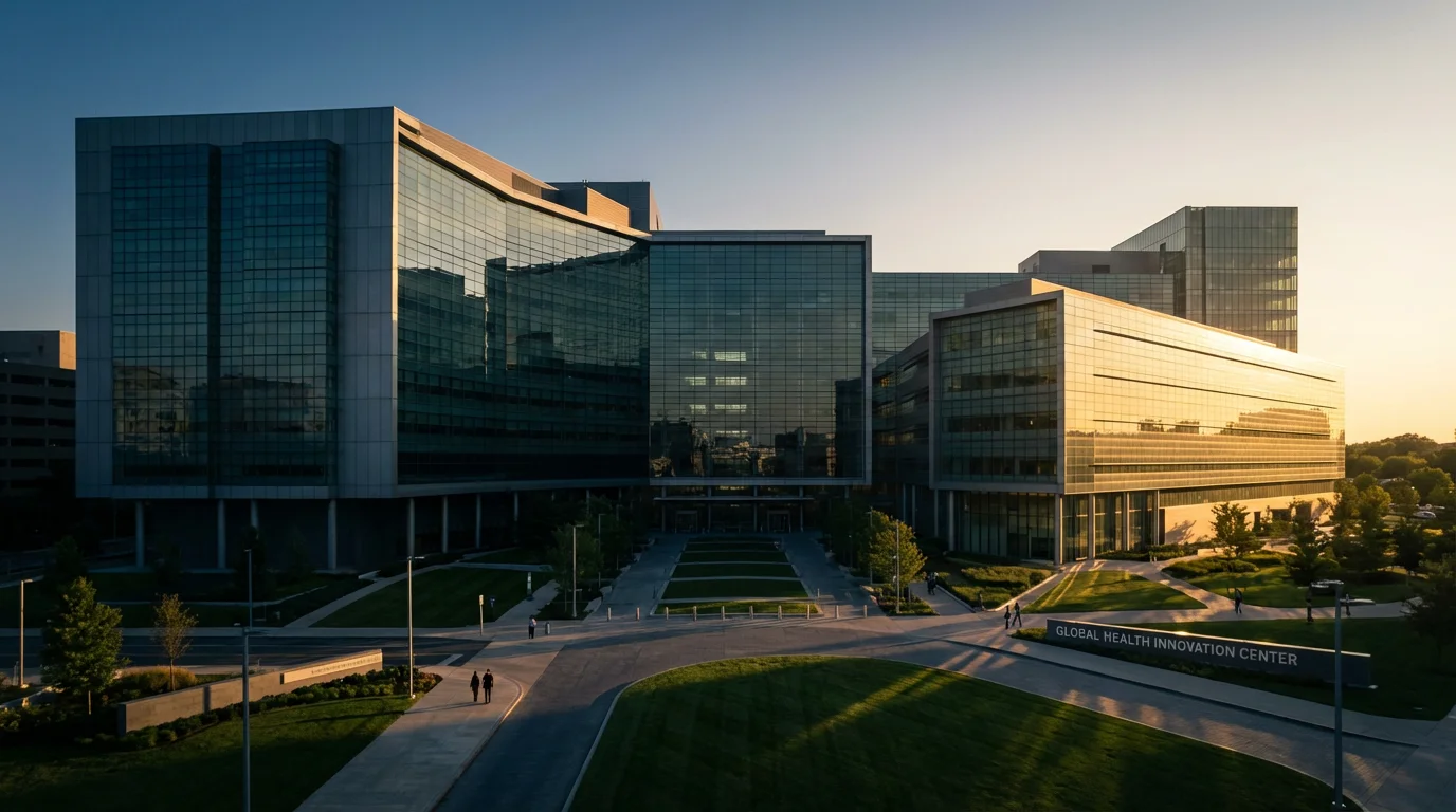 Wide shot of a modern hospital exterior with long shadows, representing healthcare innovation.
