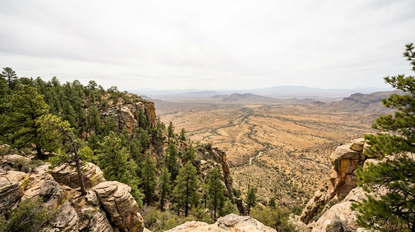 Wide view from a forested Arizona mountain overlook down into a vast desert valley.