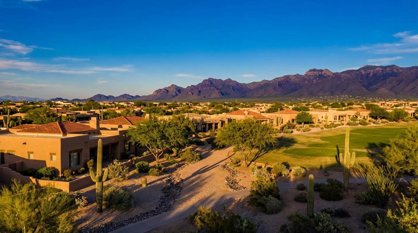 Wide view of a Southwestern retirement community with long afternoon shadows and distant mountains.