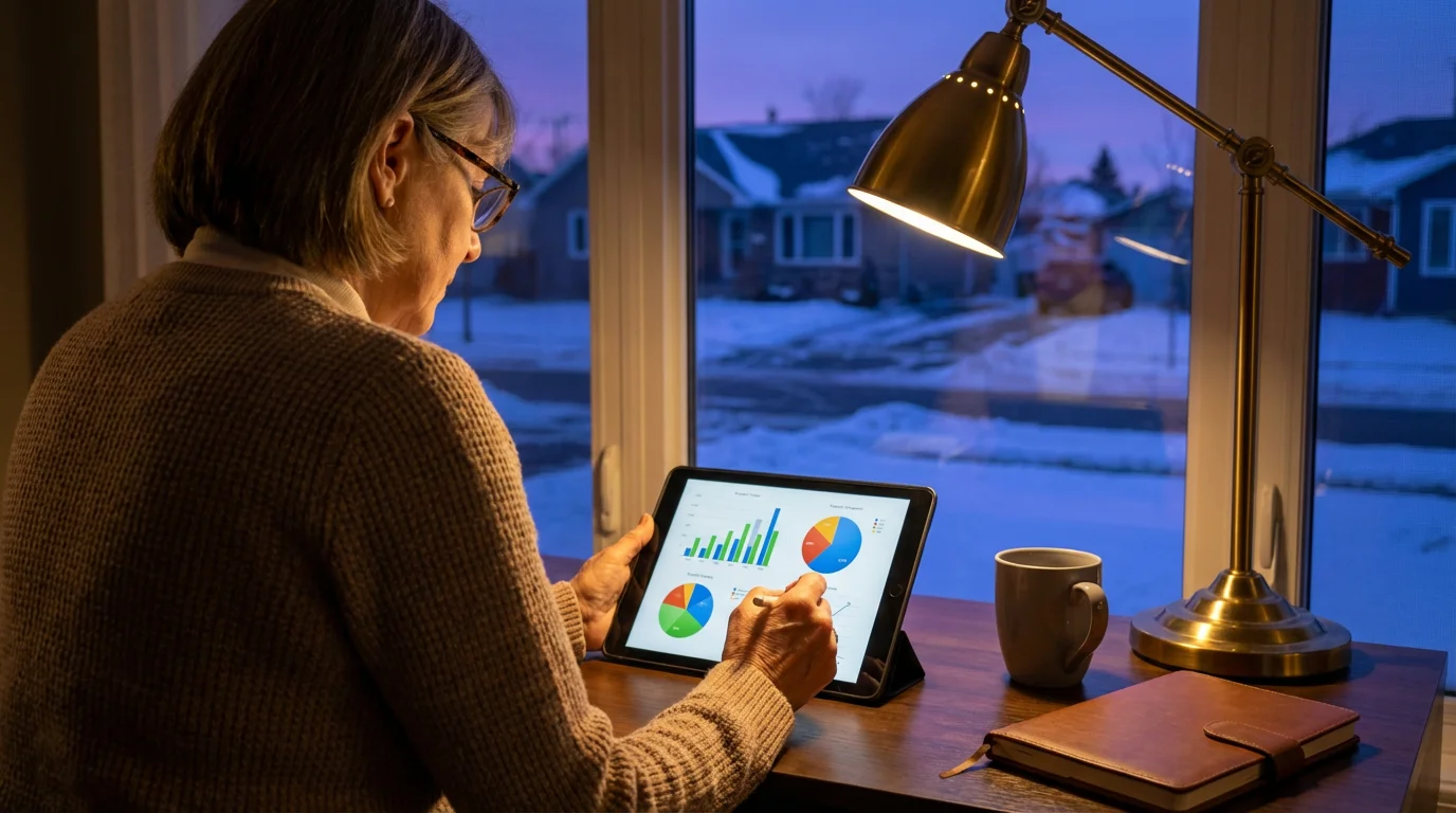 Woman at a desk in the evening, budgeting on a tablet for seasonal travel.