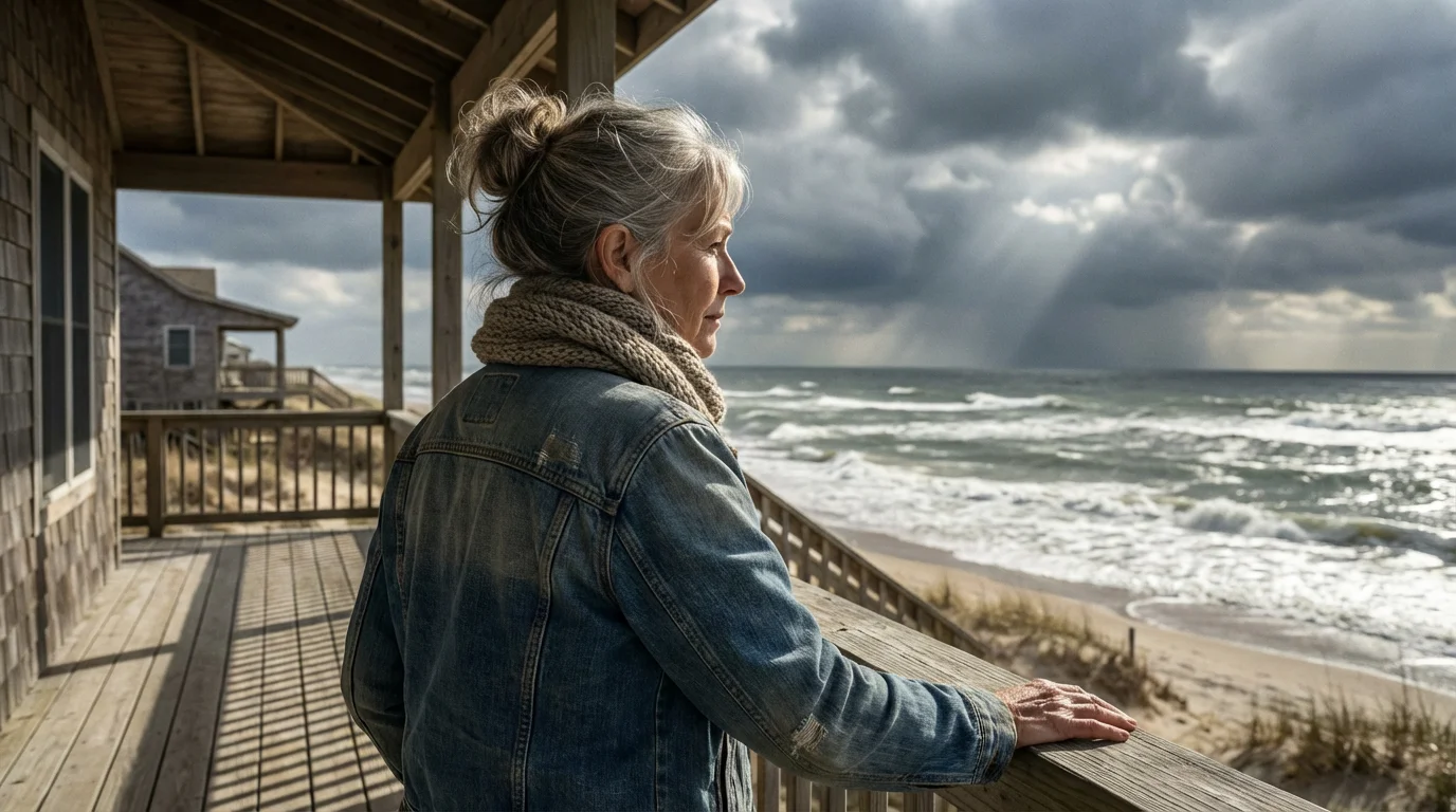 Woman on a beach house porch watching dark storm clouds gathering over the ocean.