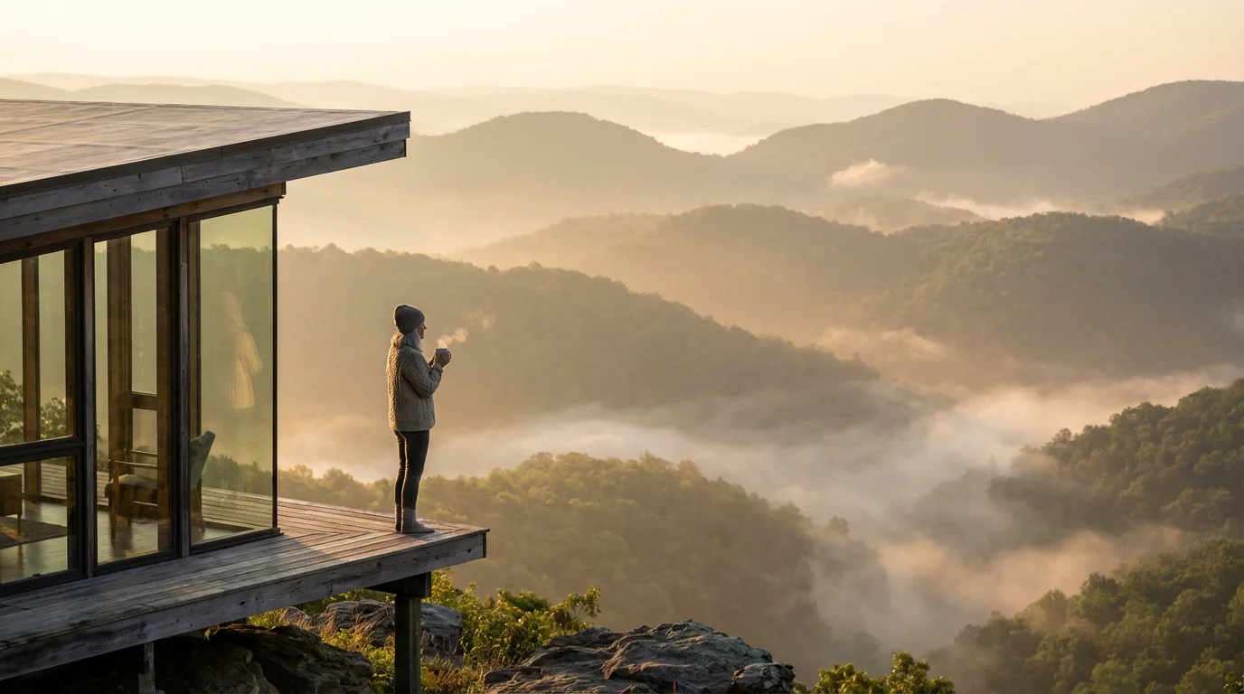 Woman on a cabin deck watching the sunrise over the West Virginia mountains.