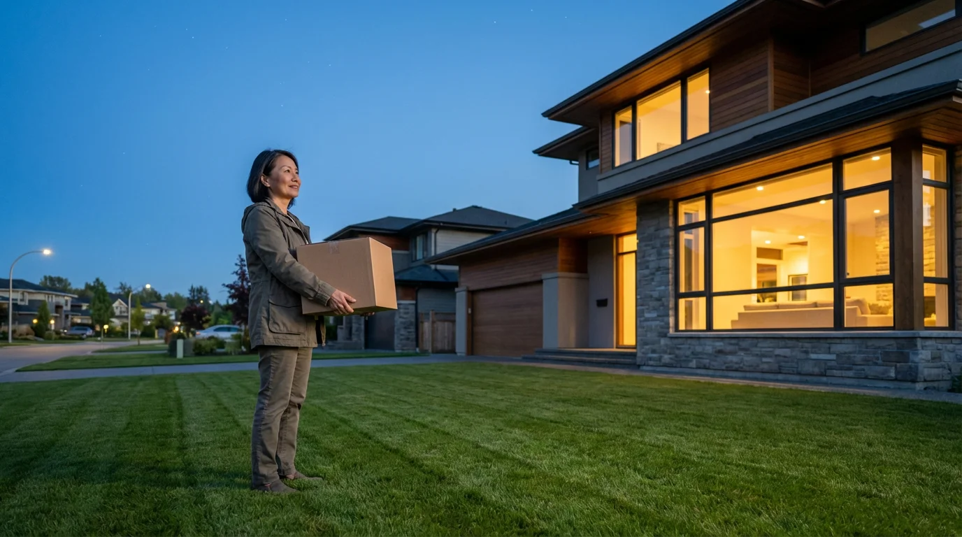 Woman stands on lawn holding moving box, looking at her home at twilight.