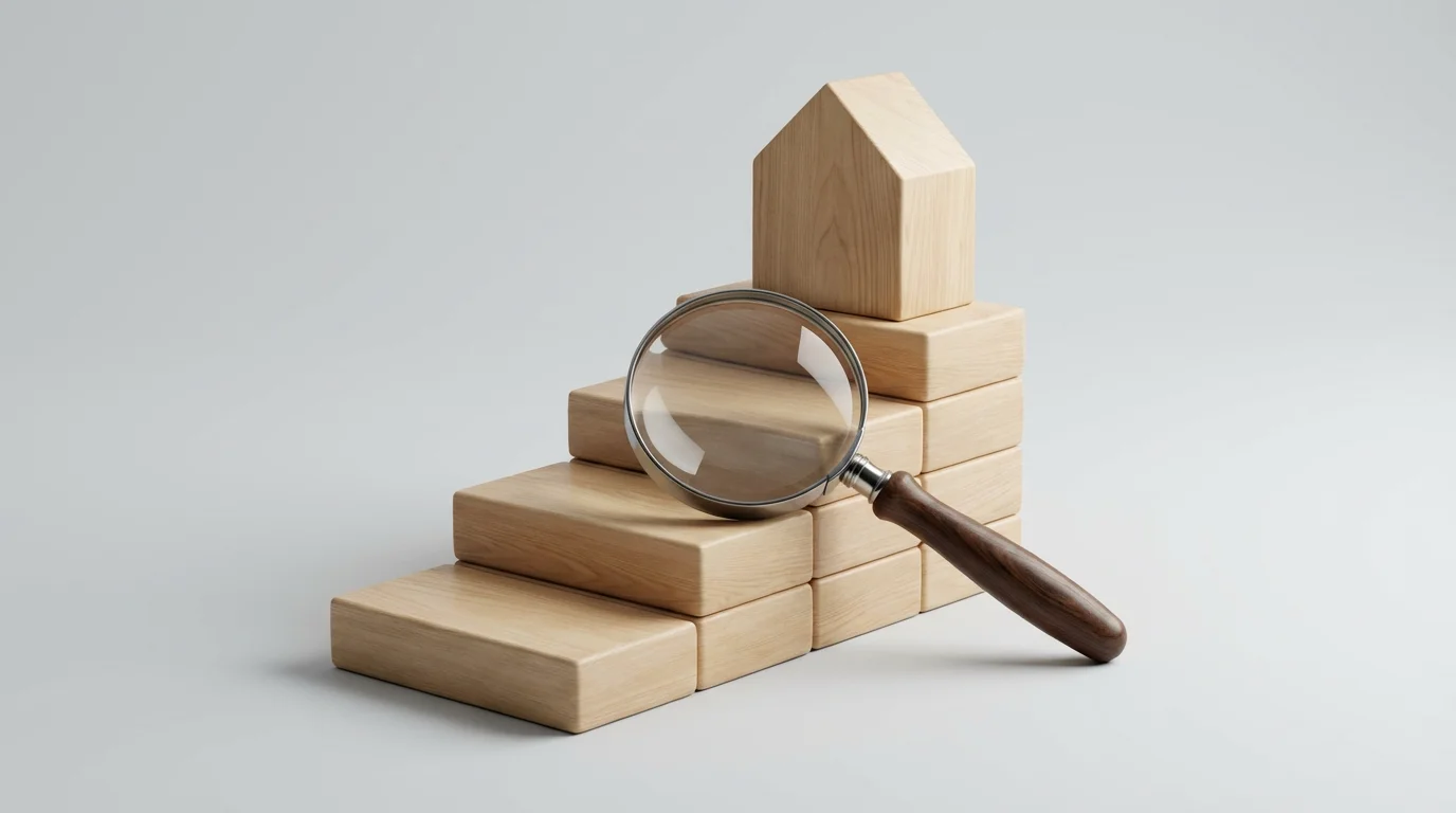 Wooden blocks arranged as stairs with a miniature house on top and a magnifying glass.