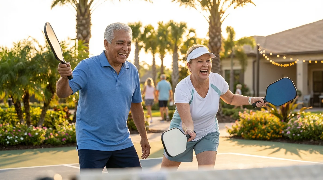 A happy senior couple laughs while playing pickleball at a retirement community at sunset.