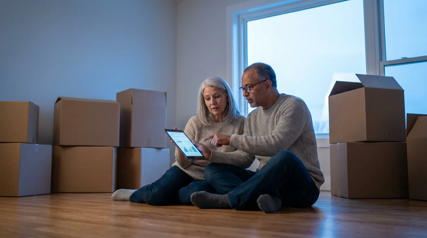 A mature couple sits on the floor with a tablet, planning their budget amid moving boxes.