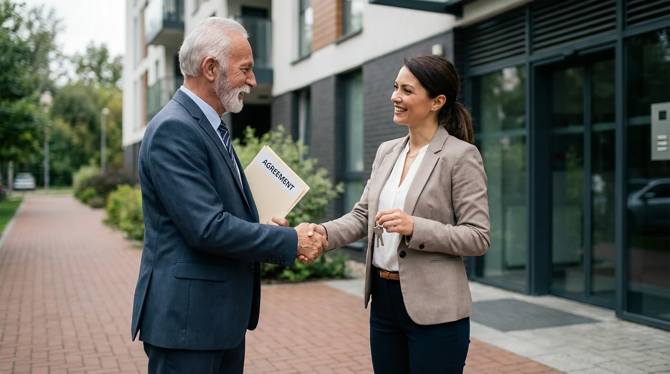 A senior man and a property manager shaking hands in front of an apartment building.