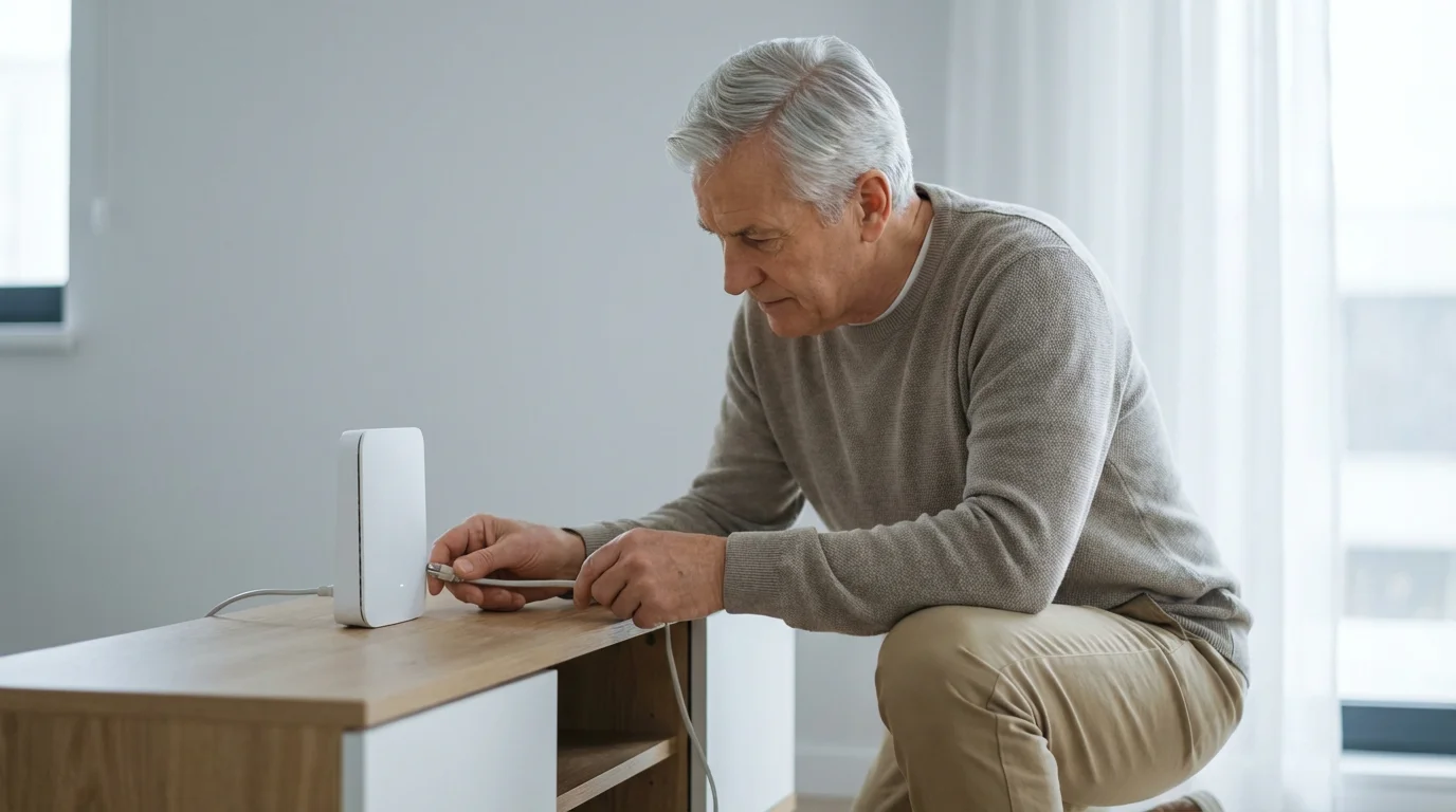 A senior man in a bright living room carefully setting up a new router.