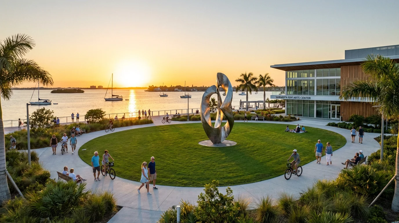 A wide golden hour shot of a modern waterfront park in Sarasota, Florida.