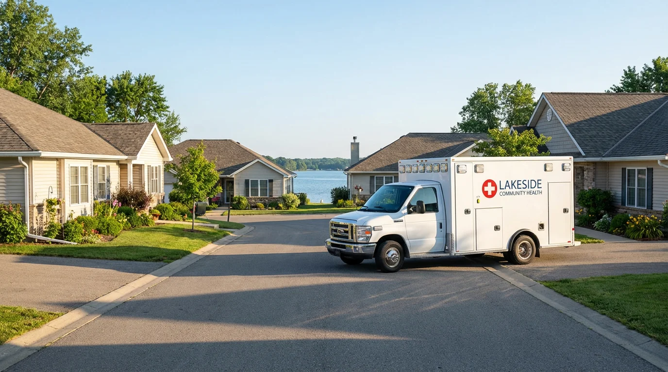 Ambulance parked on a quiet street in a beautiful lakeside retirement community.