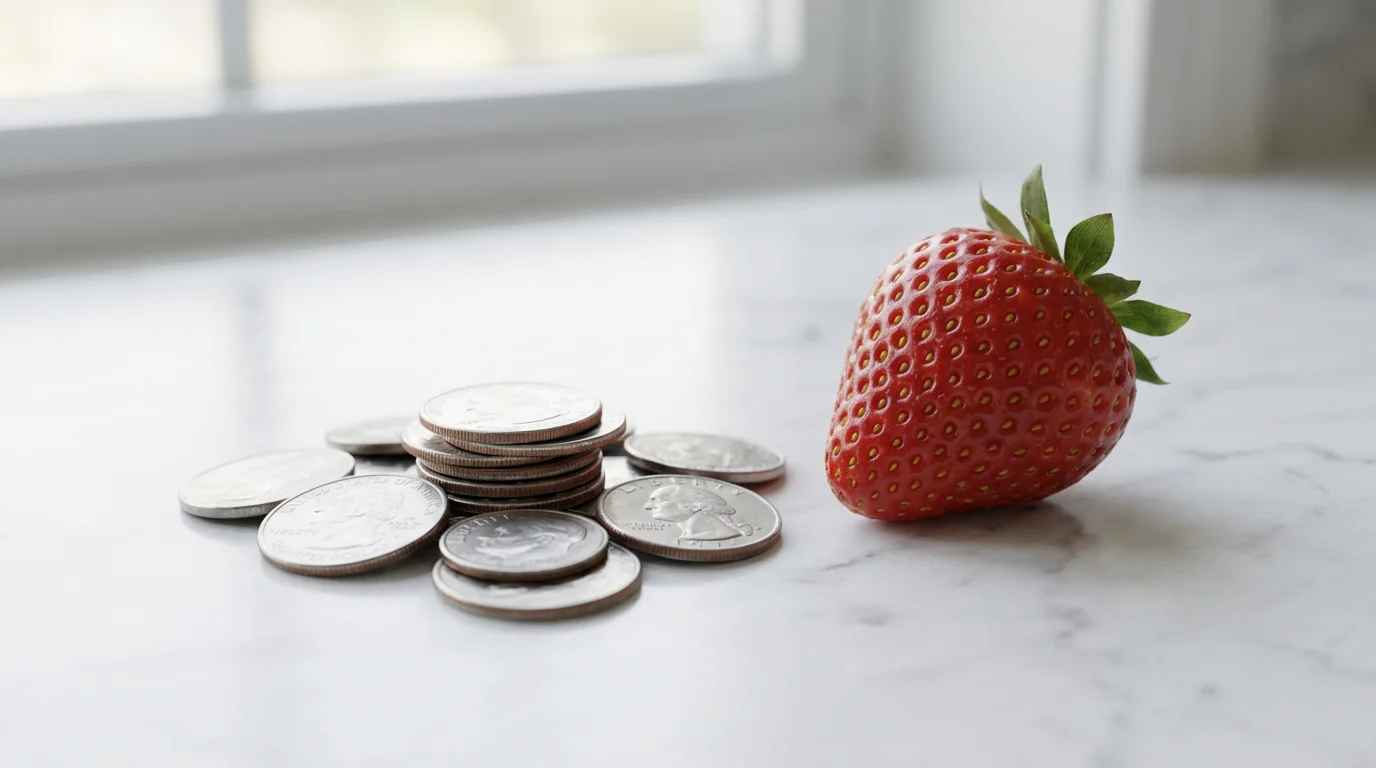 Close-up macro photo of a single fresh strawberry next to a small pile of coins.