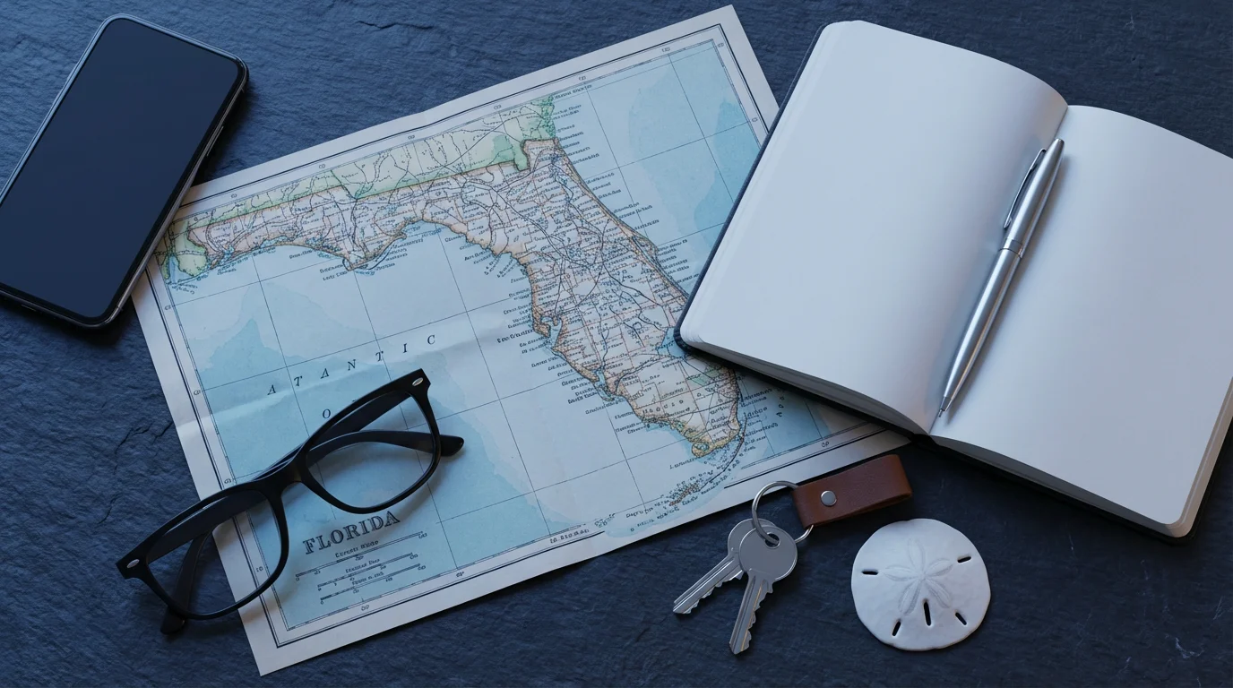 Flat lay of Florida map, notebook, and keys for relocation planning at dusk.
