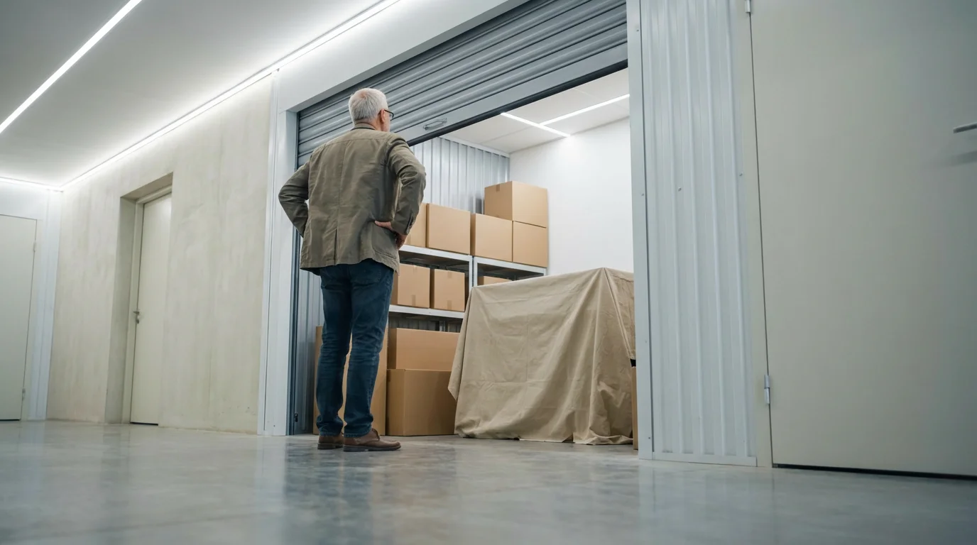 Low angle view of a man looking into a neatly organized self-storage unit.