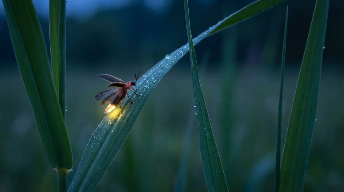 Macro photograph of a single glowing firefly on a dewy blade of grass at twilight.