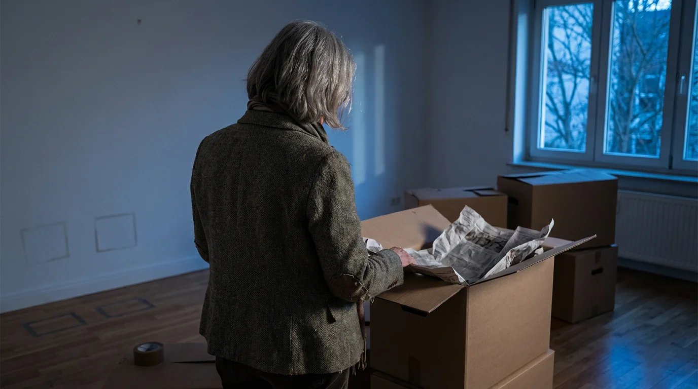 Over-the-shoulder view of a senior woman looking at moving boxes in an empty room.