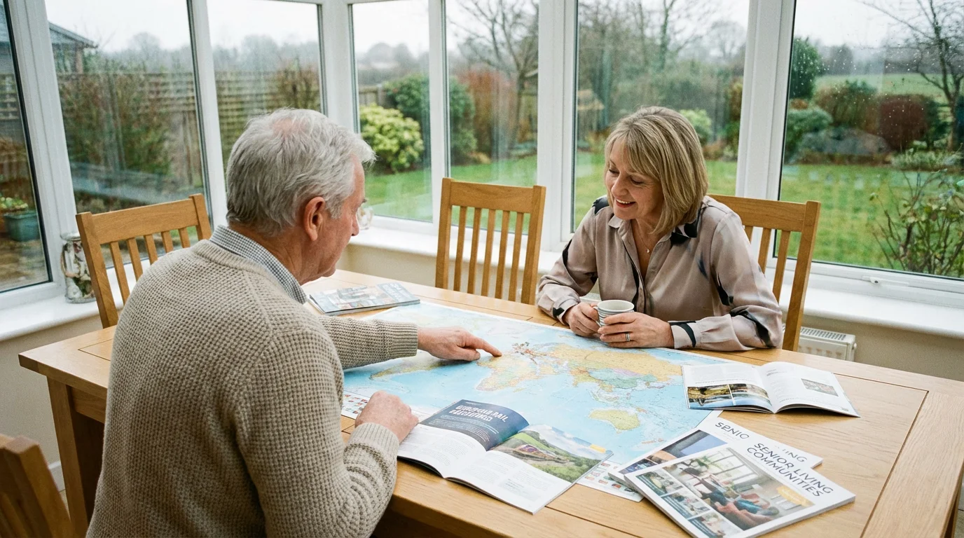 Senior couple plans retirement lifestyle with a world map and travel brochures on table.