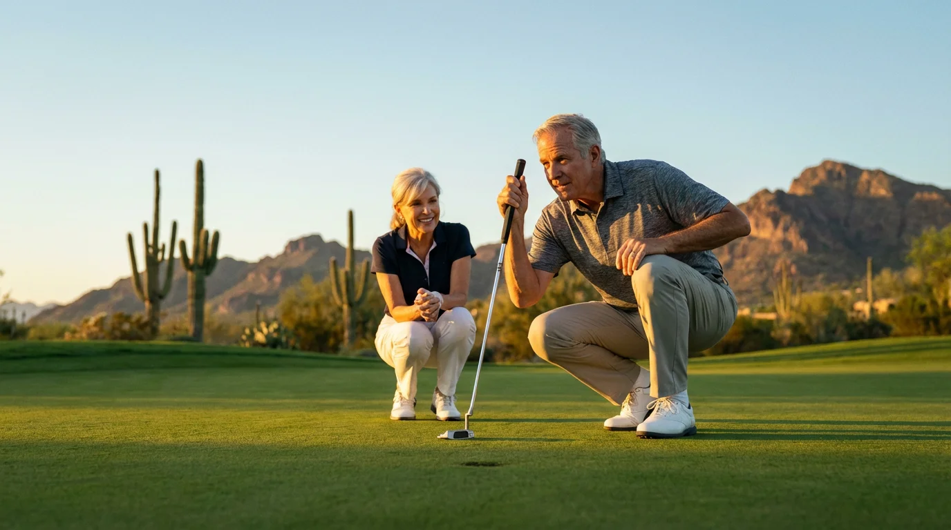 Senior couple playing golf on a beautiful Arizona course during a golden hour sunset.