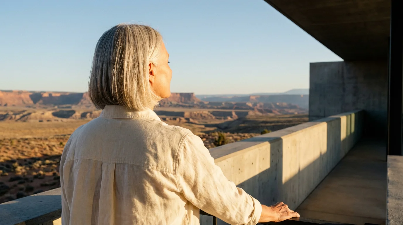 Senior woman breathing deeply on a patio overlooking a dry, sunny desert landscape at sunset.